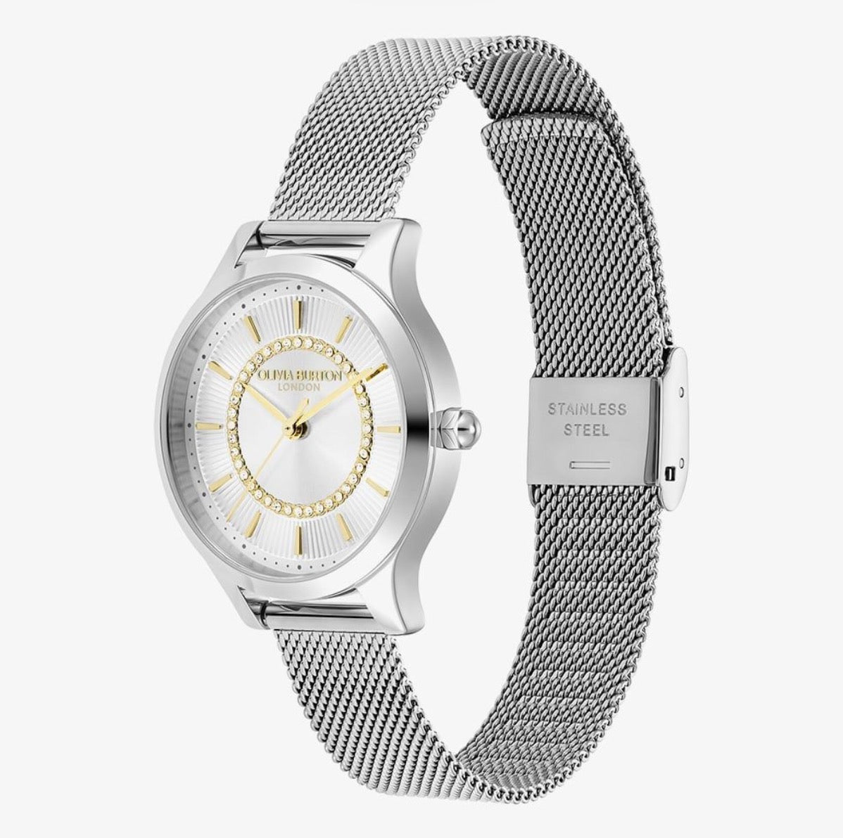 LDS SS OLIVIA B RND SILV WHT SUNRAY GOLD BATT 30MM DL MESH BW