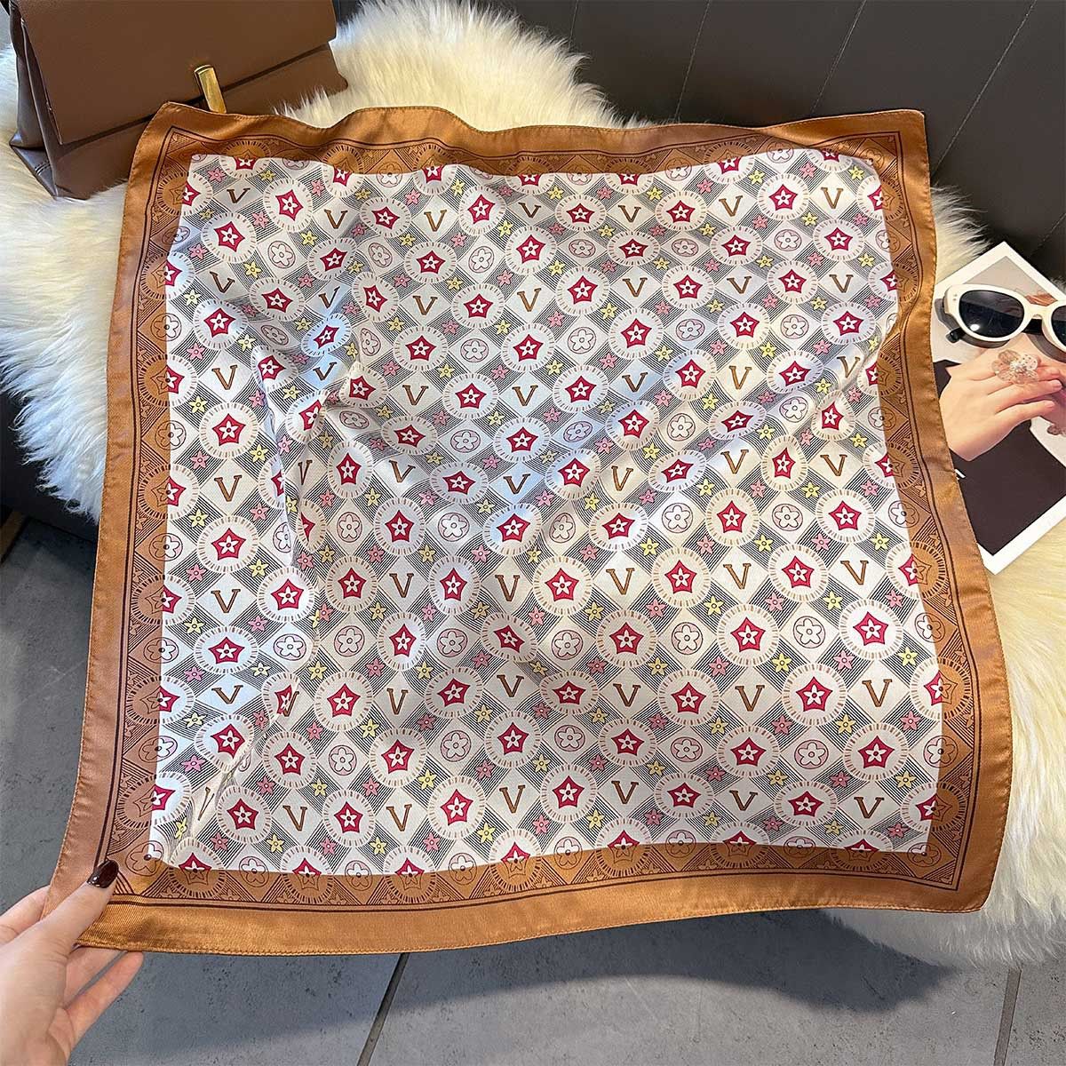 V Star Pattern Silk Feel Neck Square Scarf in Gold