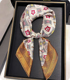 V Star Pattern Silk Feel Neck Square Scarf in Gold