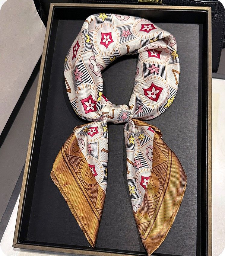 V Star Pattern Silk Feel Neck Square Scarf in Gold