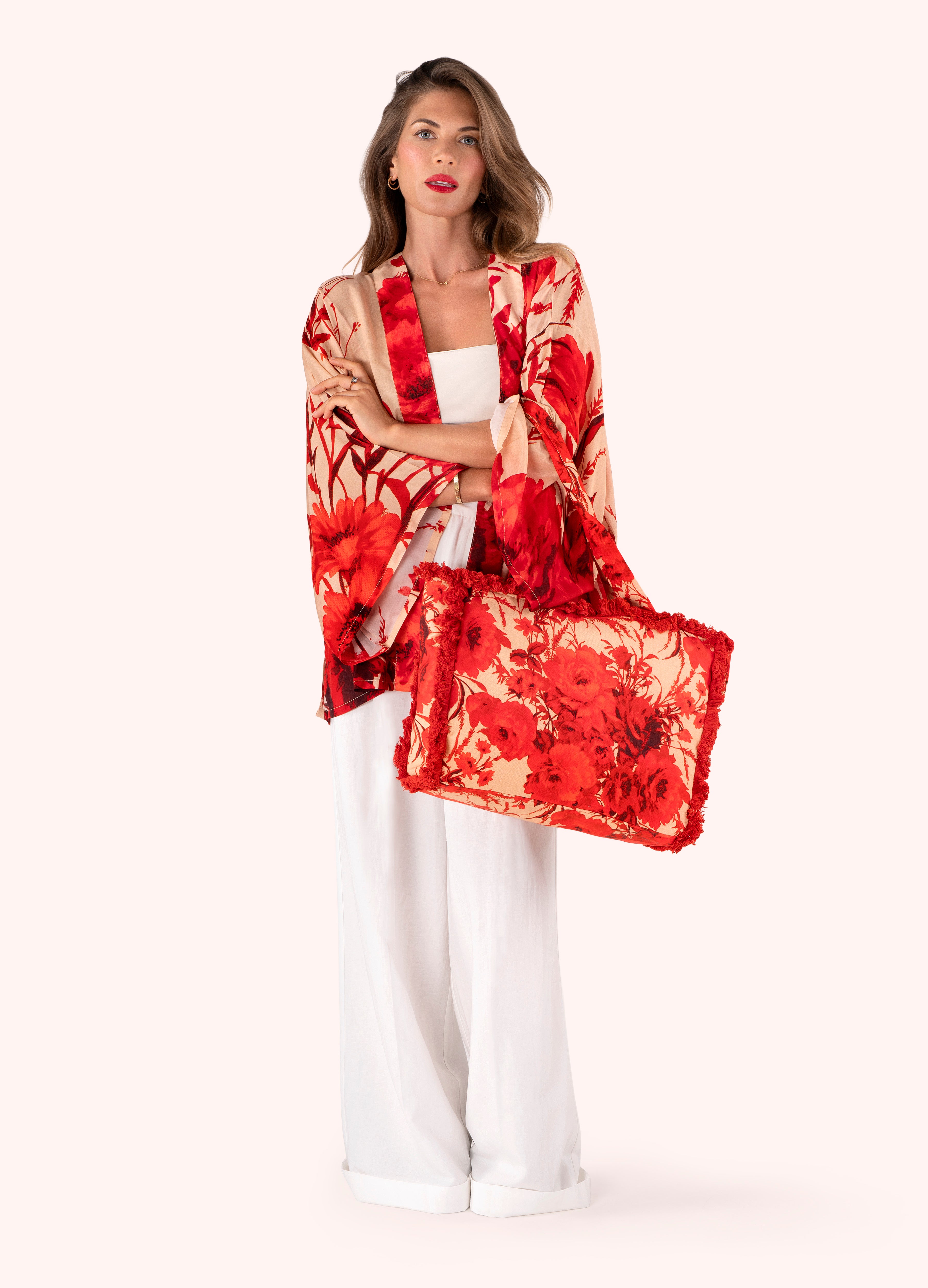 ROUGE BLOOMS FRINGE BOX COTTON TOTE BAG