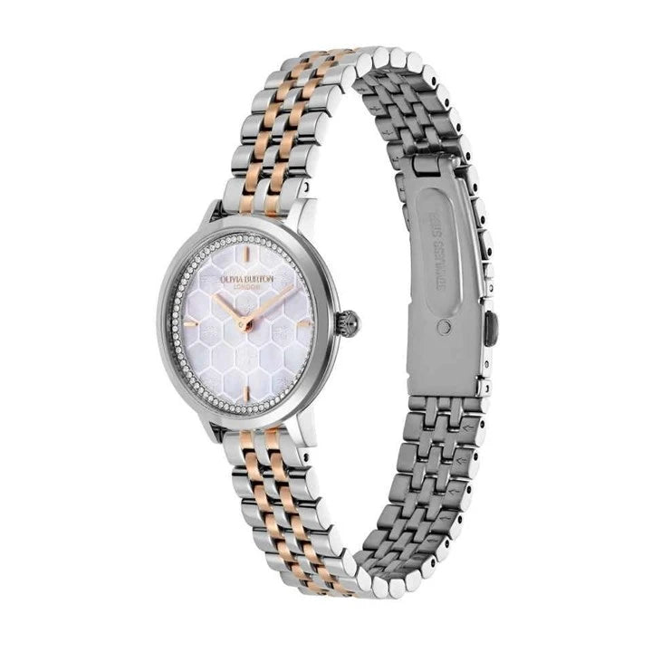 LDS SS RGP OLIVIA B RND BEE HONEYCOMB SILV 28MM DL CZ OUTER BEZEL