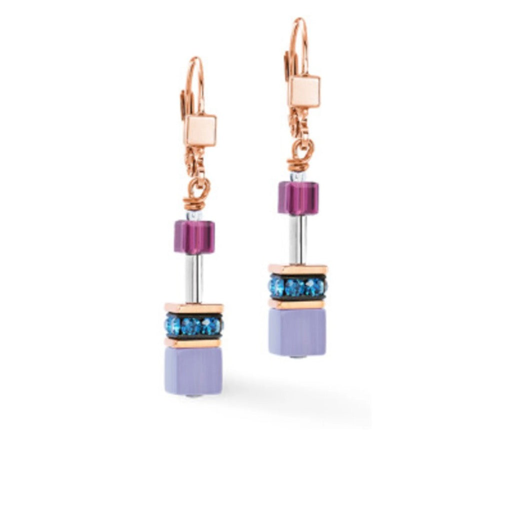 Rose Gold Plate Purple Cube & Crystal Earrings