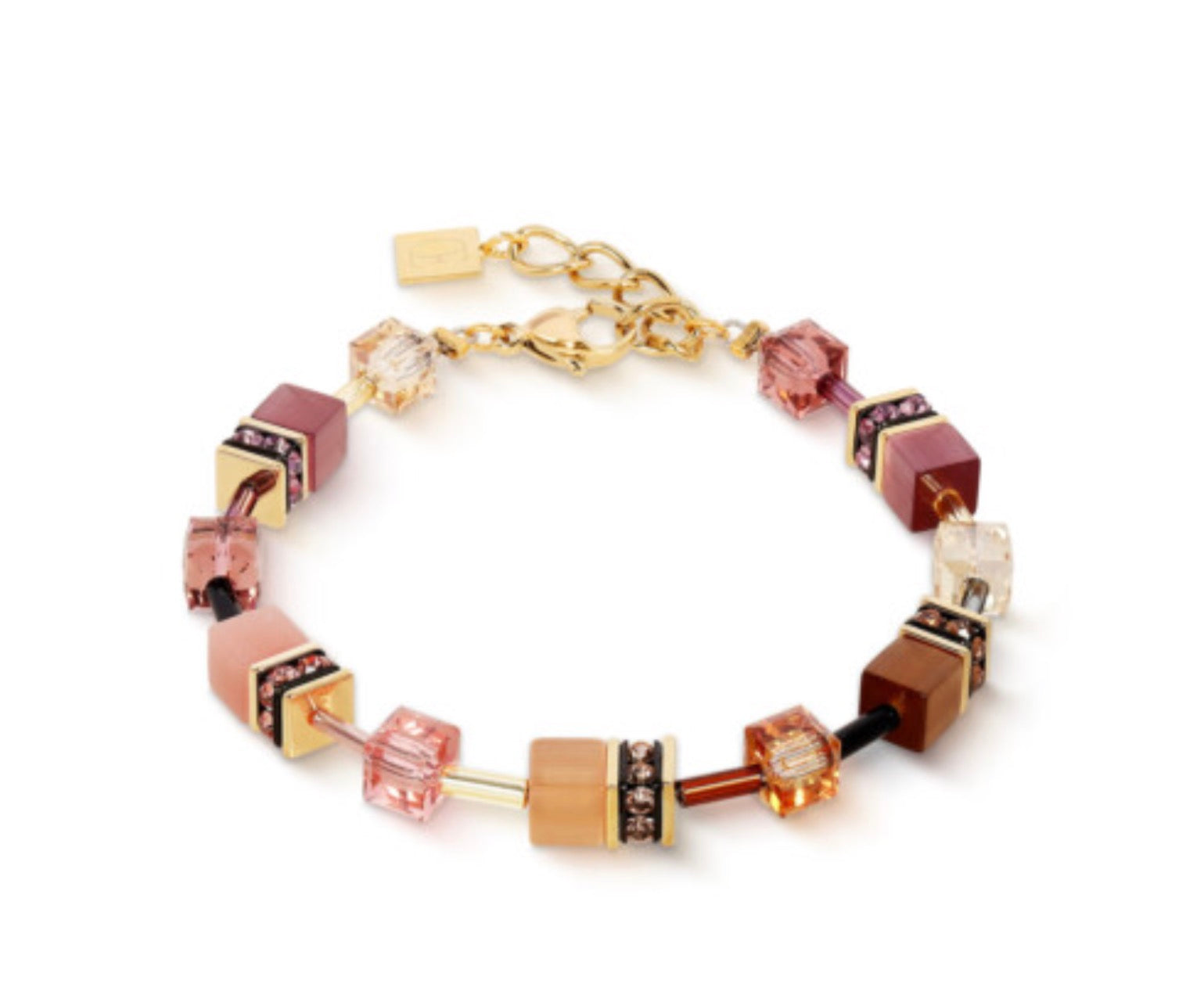 Gold Plate Brown & Apricot Cube & Crystal Bracelet
