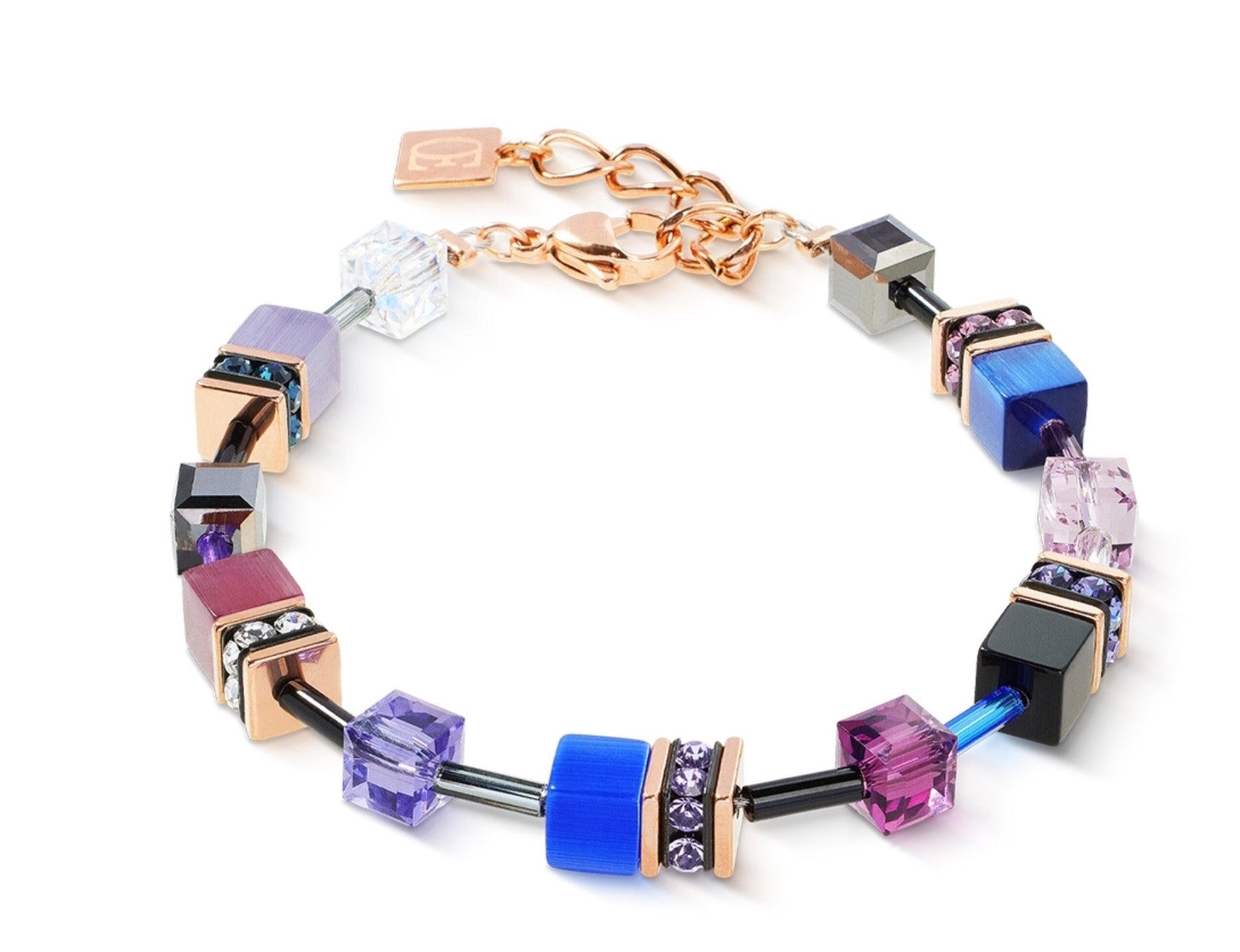 Gold Plate Blue & Purple Cube & Crystal Bracelet