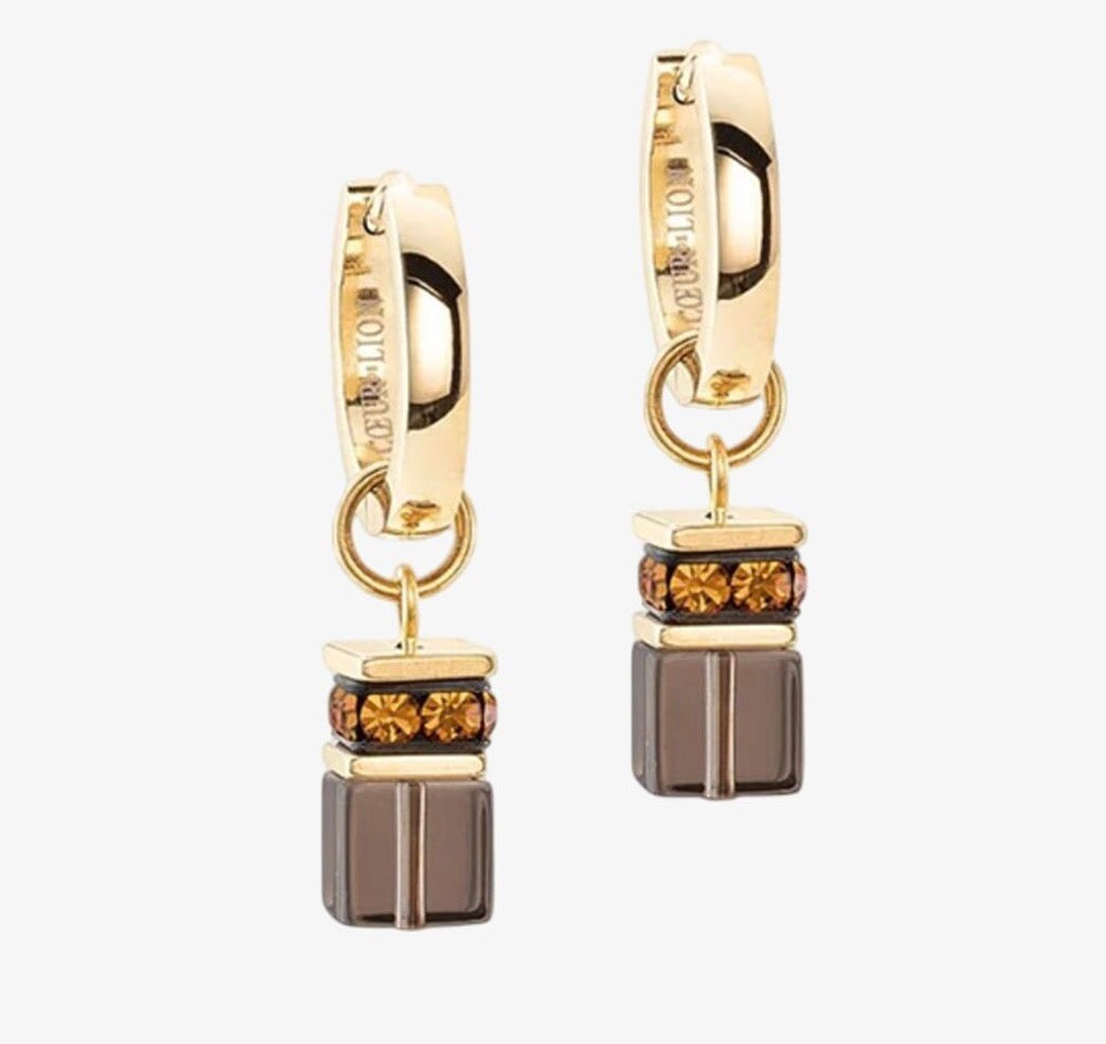 Gold Plate Brown Cube Hoop Drop Earring