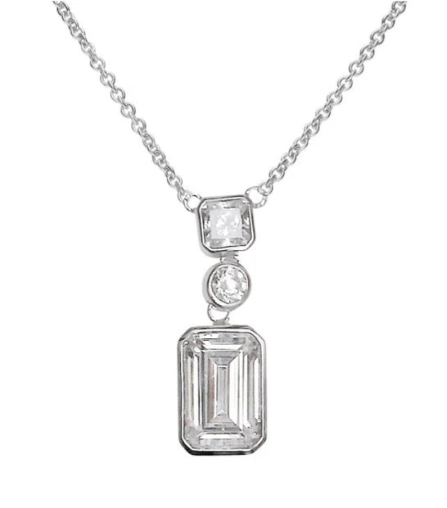 SILVER ZIRC DIAMONFIRE EMERALD & PRINCESS CUT PENDANT & CH.