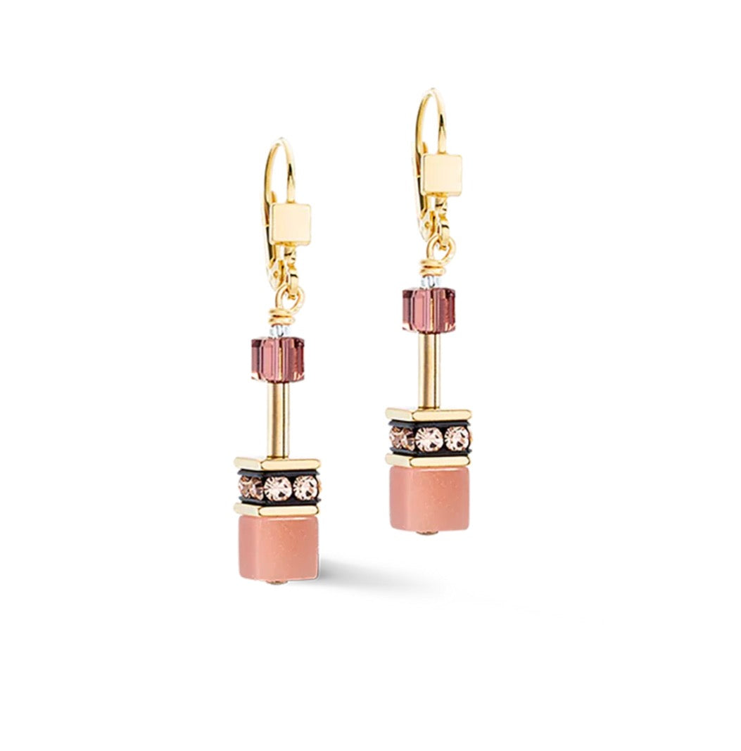Gold Plate Brown & Apricot Cube & Crystal Drop Earring