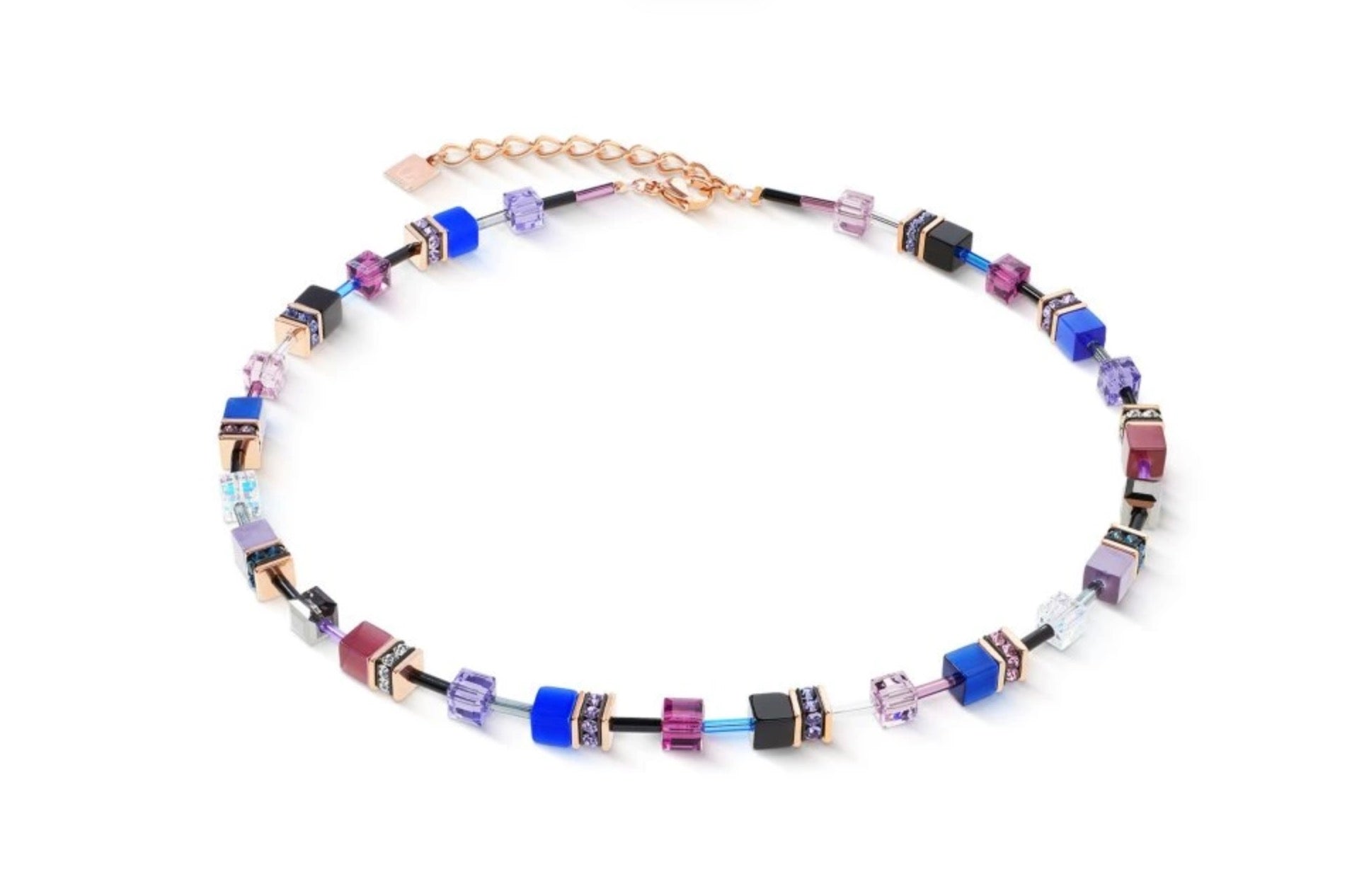 Gold Plate Blue & Purple Cube & Crystal Necklet