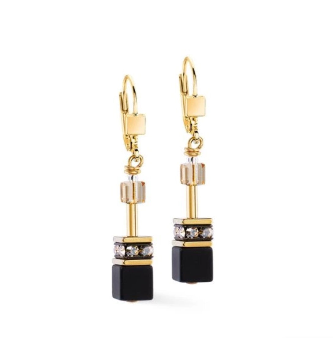 Gold Plate Black Cube & Crystal Drop Earring