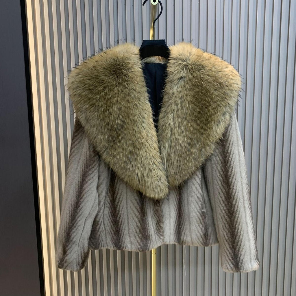 Chic Striped Fur Coat with Faux Fur Collar in Brown