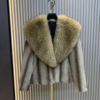 Chic Striped Fur Coat with Faux Fur Collar in Brown