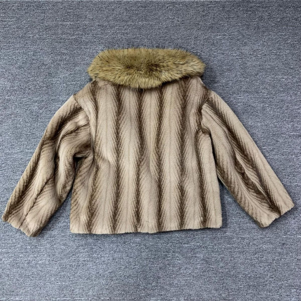 Chic Striped Fur Coat with Faux Fur Collar in Brown