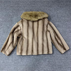Chic Striped Fur Coat with Faux Fur Collar in Brown