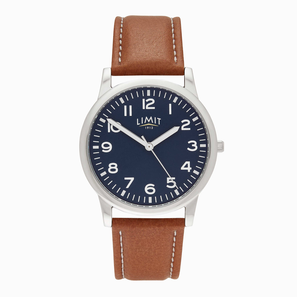 GENTS LIMIT WM RND BLUE DL. TAN STRAP WATCH