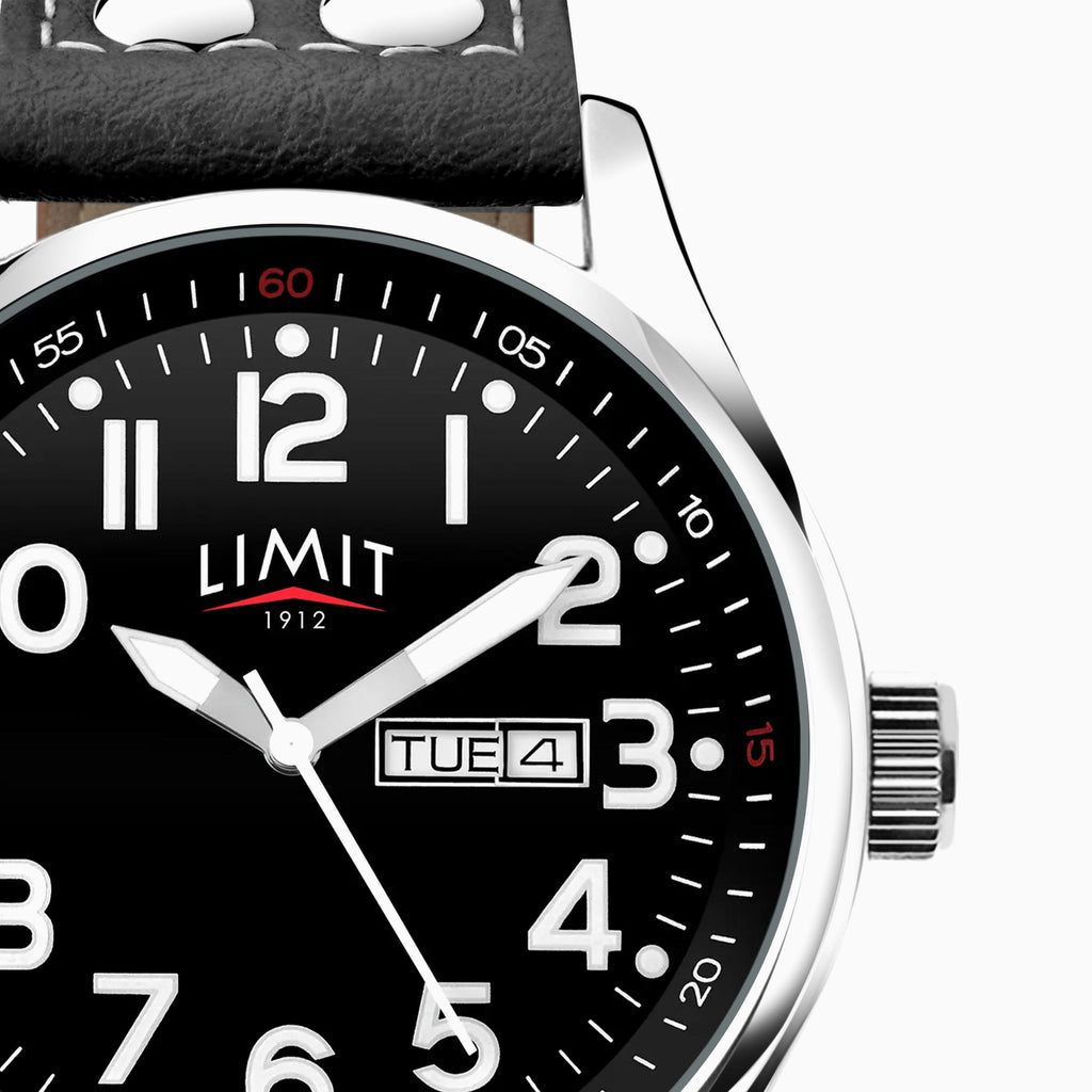 GENTS LIMIT WM RND BLK DL. DAY DATE PILOT STRAP WATCH