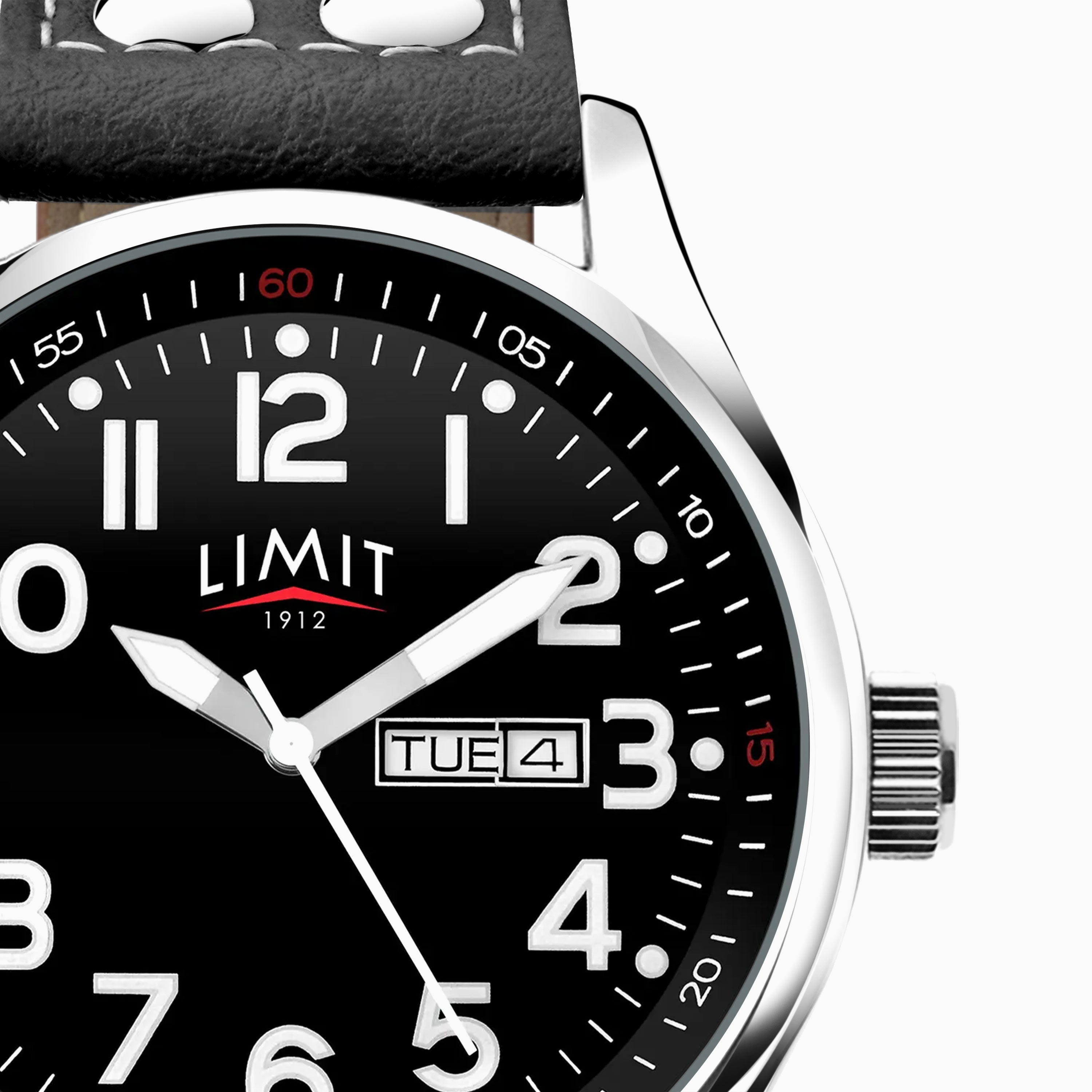GENTS LIMIT WM RND BLK DL. DAY DATE PILOT STRAP WATCH