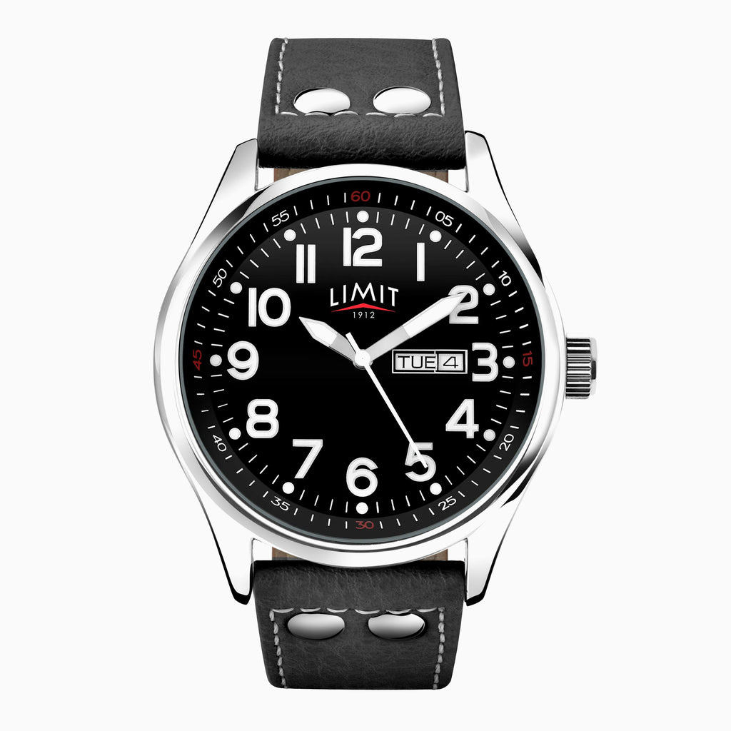 GENTS LIMIT WM RND BLK DL. DAY DATE PILOT STRAP WATCH