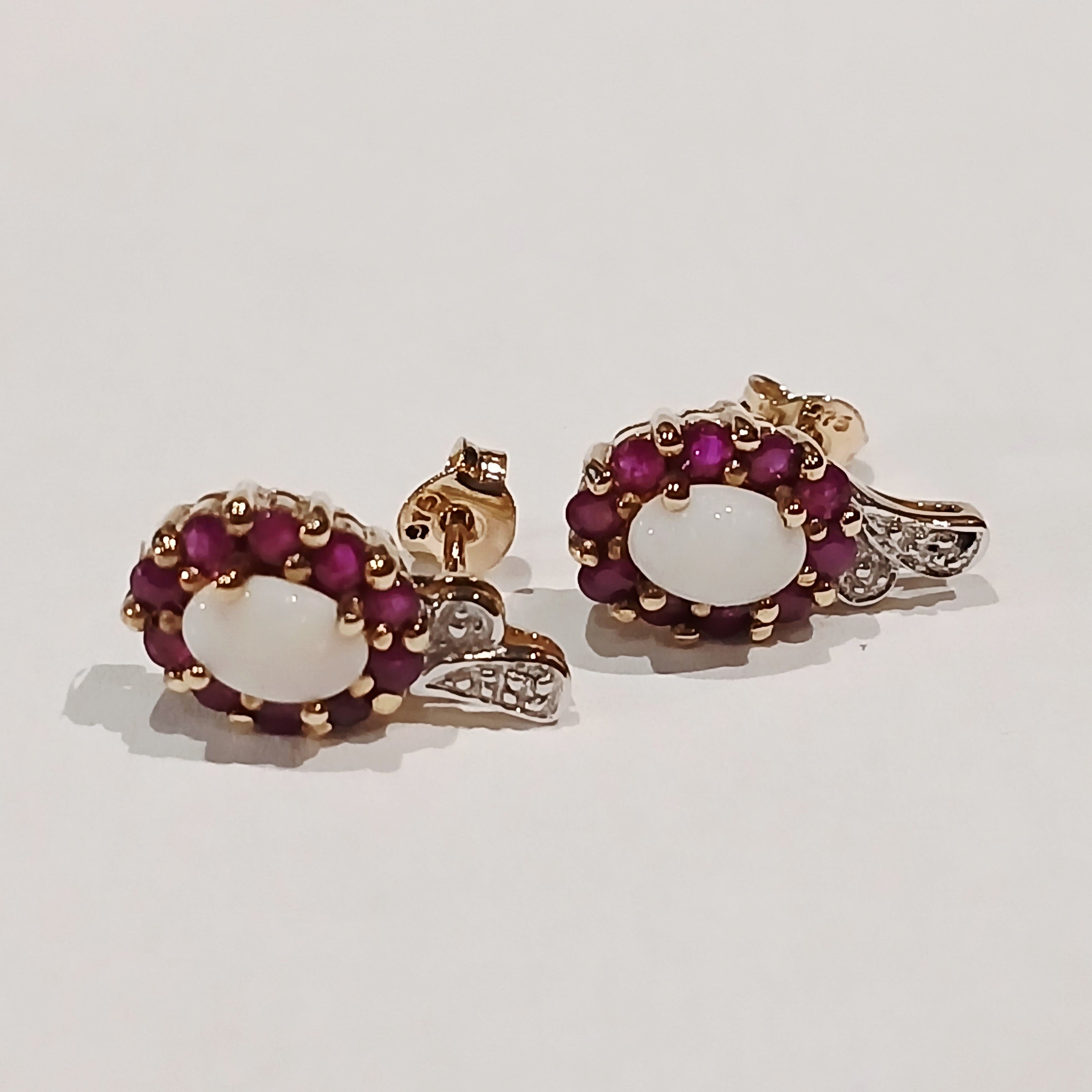 9YG 2.5G OVAL OPAL, RUBY & DIAMOND STUD EARRINGS | PRE OWNED