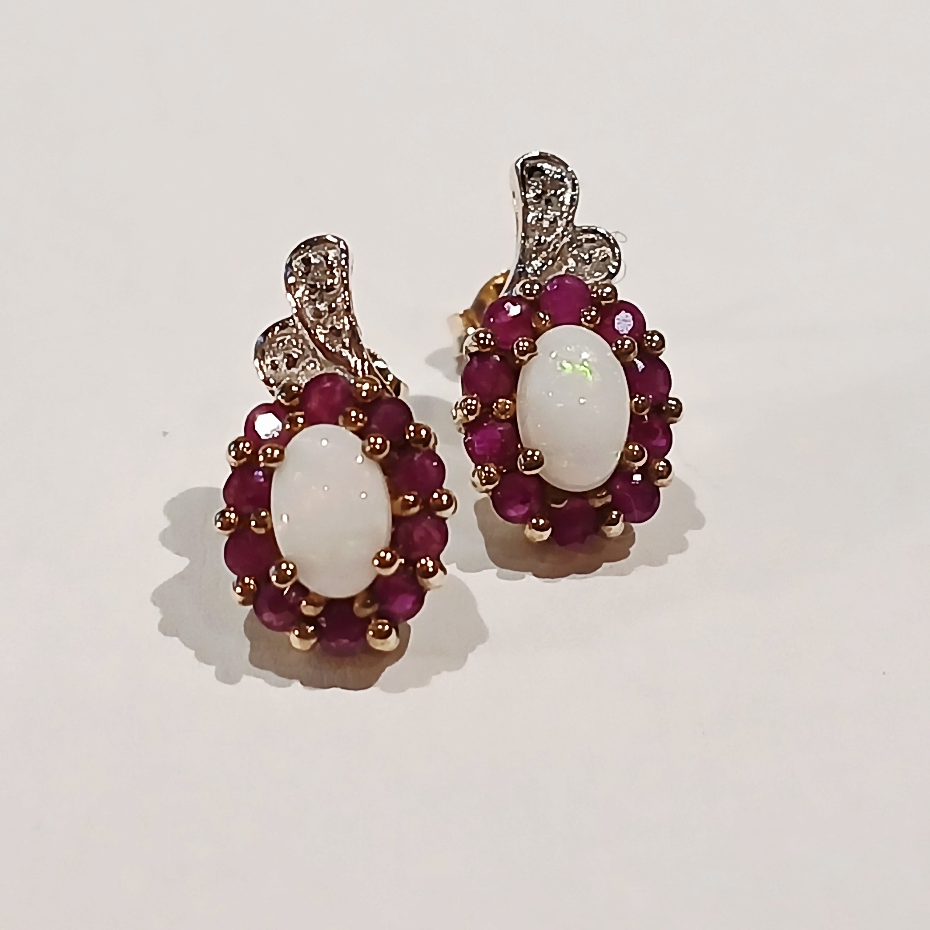 9YG 2.5G OVAL OPAL, RUBY & DIAMOND STUD EARRINGS | PRE OWNED
