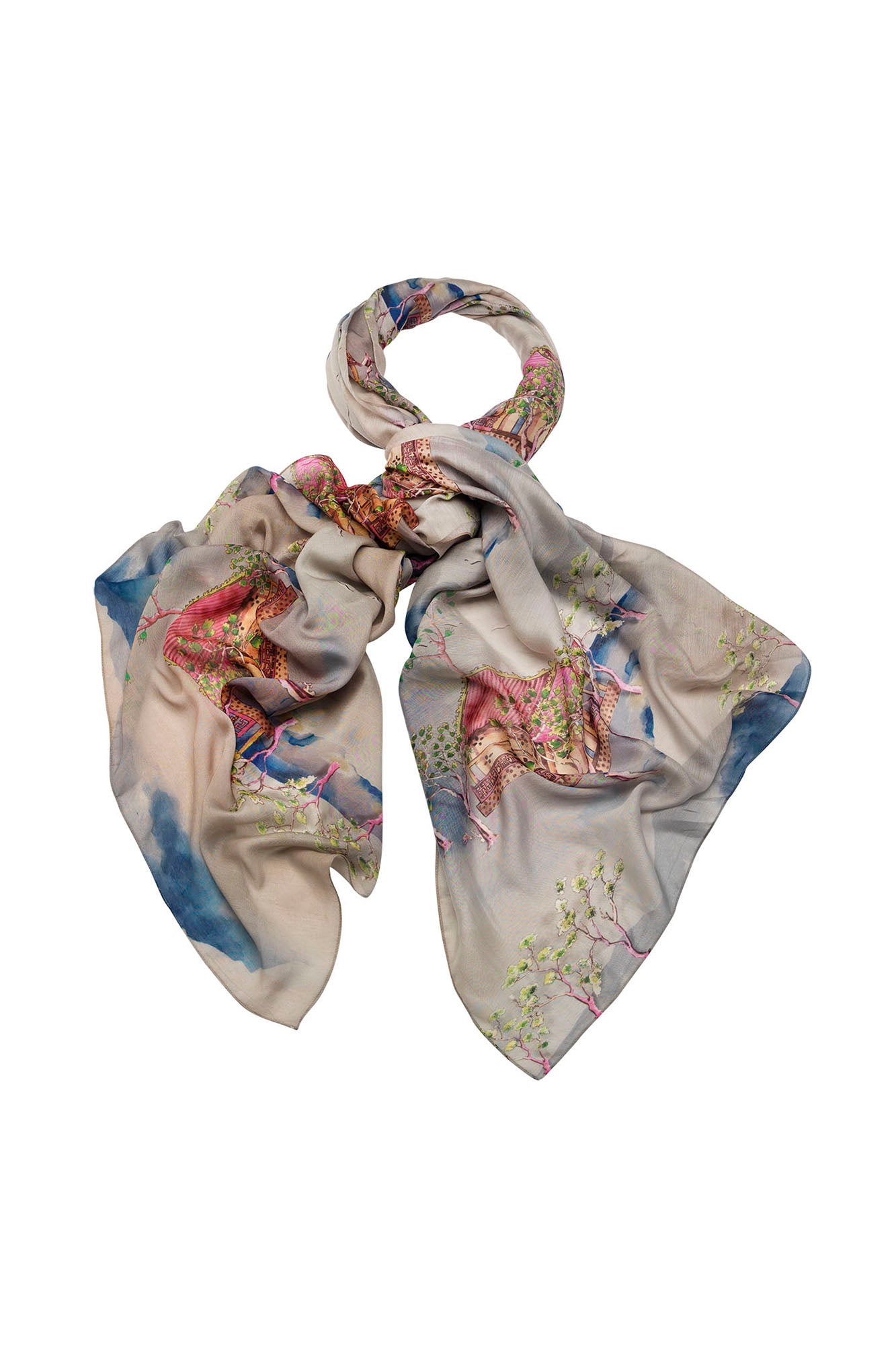 GREY ORIENTAL LANDSCAPE WOOL SCARF by 100 Stars