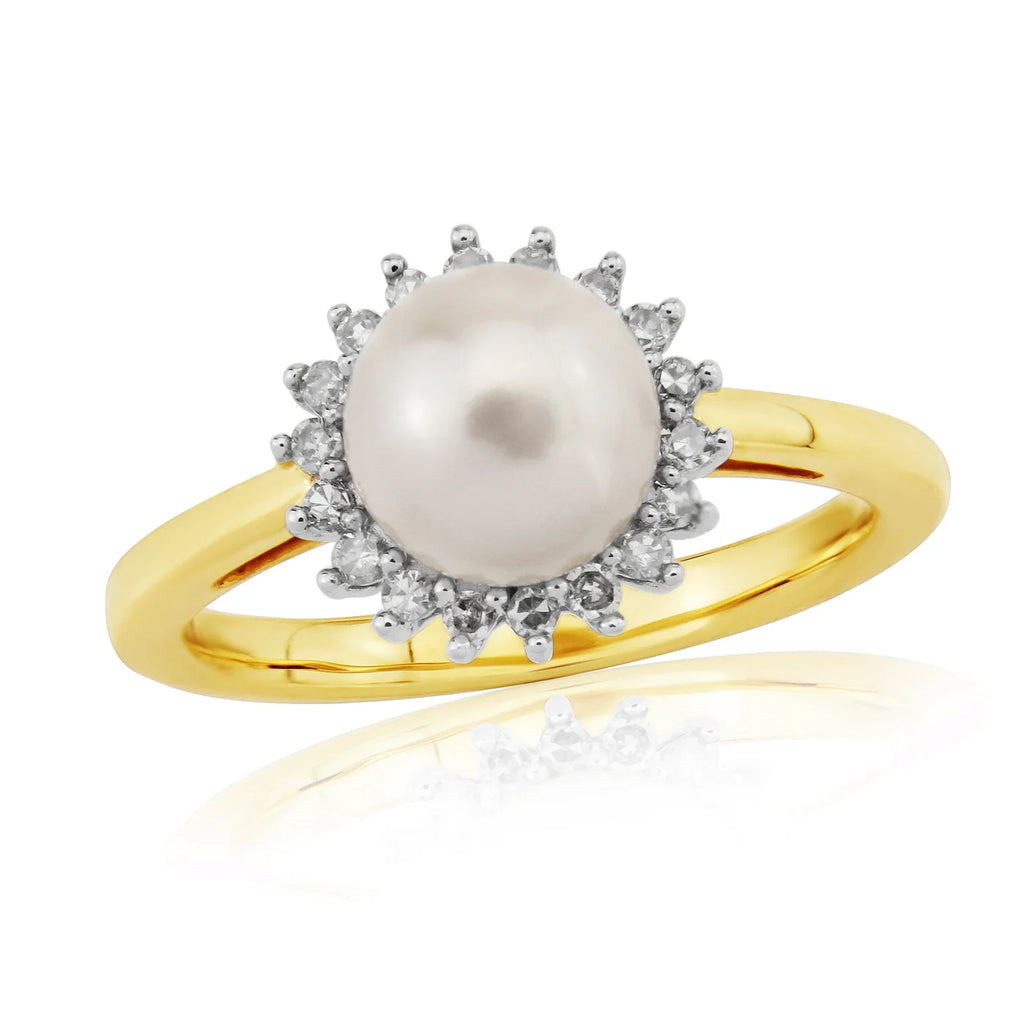 9CT YG RND PEARL 0.15CTS DIAMOND CLUSTER RING