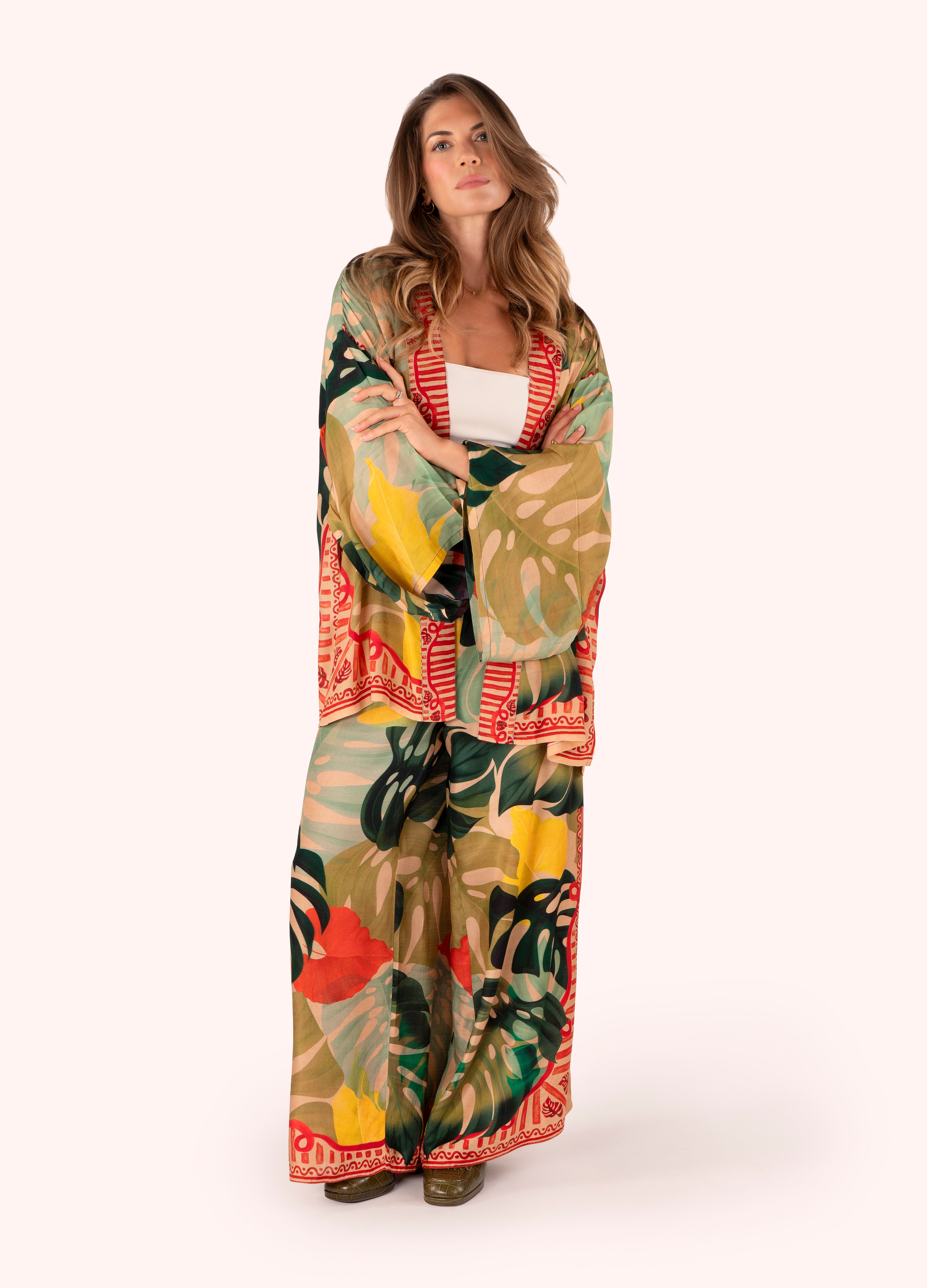 Powder Exotic Leaves Modal/Cupro Short Kimono Jacket