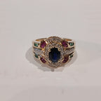 9YG 4.6G OVAL SAPPHIRE, RUBY, EMERALD & DIAMOND CLUSTER RING Q1/2 | PRE OWNED
