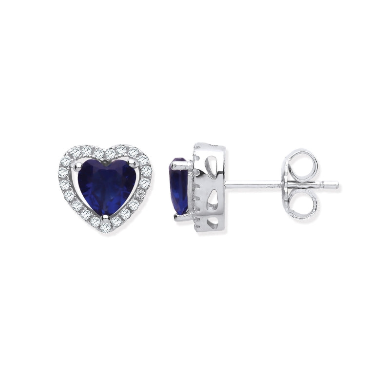 SILVER BLU CZ HEART WHT HALO STUD EARRINGS