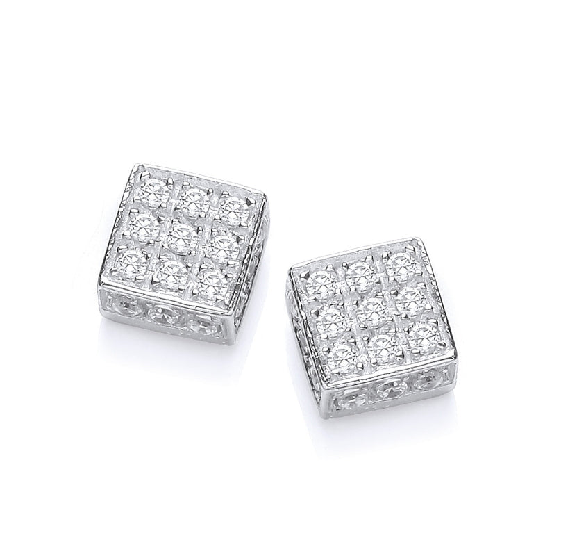 SILVER SQ PAVE SET STUD EARRINGS