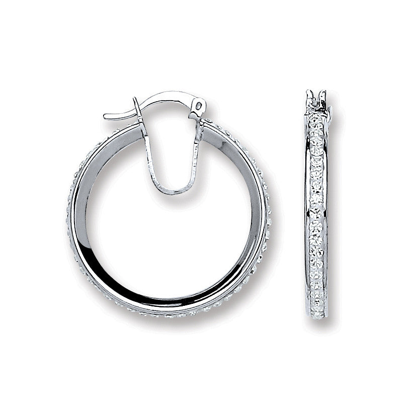 Silver CZ Set Round Hoop Style Earrings