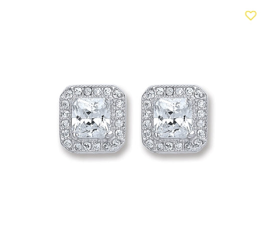 SILVER CZ CLR SQ RUB SET HALO STUD EARRINGS
