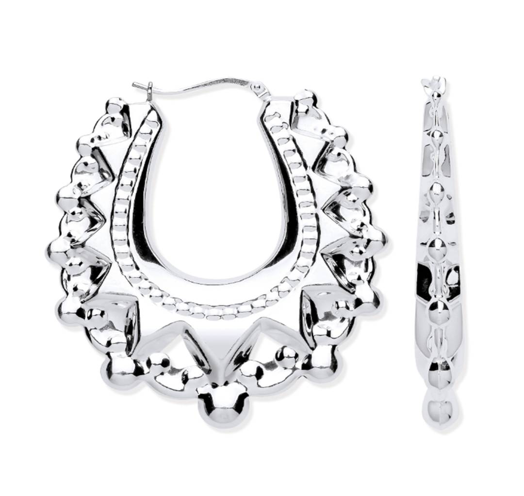 Silver Large Gypsy Style Fancy Oval Creole Earrings