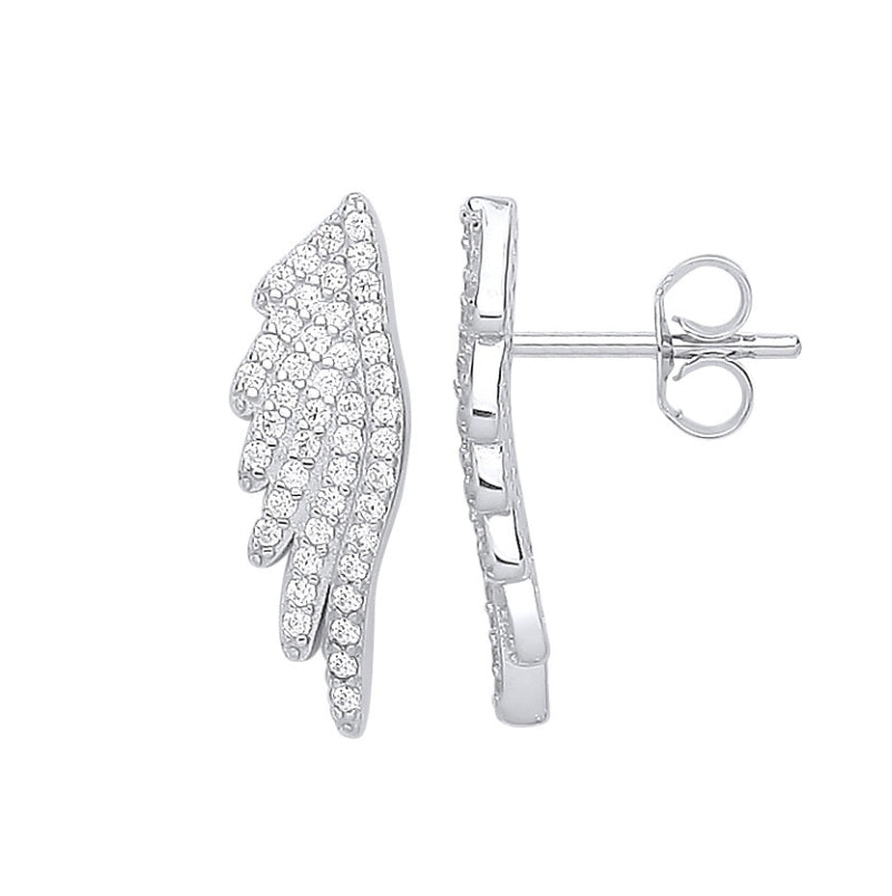 SILVER CZ ANGEL WING STUD EARRINGS