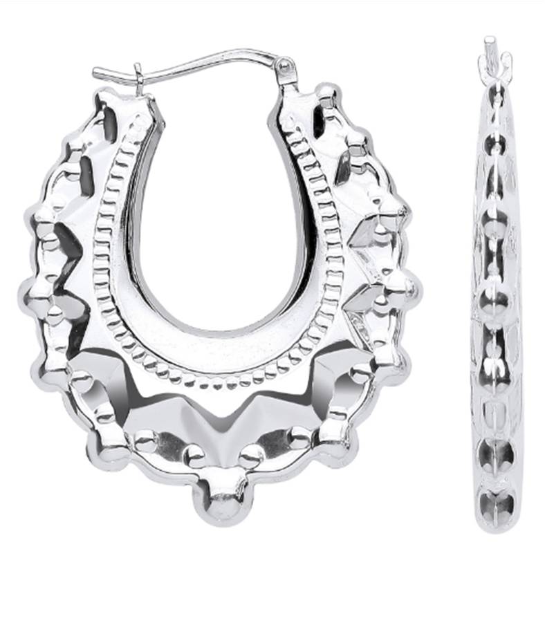 Silver Medium Gypsy Style Fancy Oval Creole Earrings