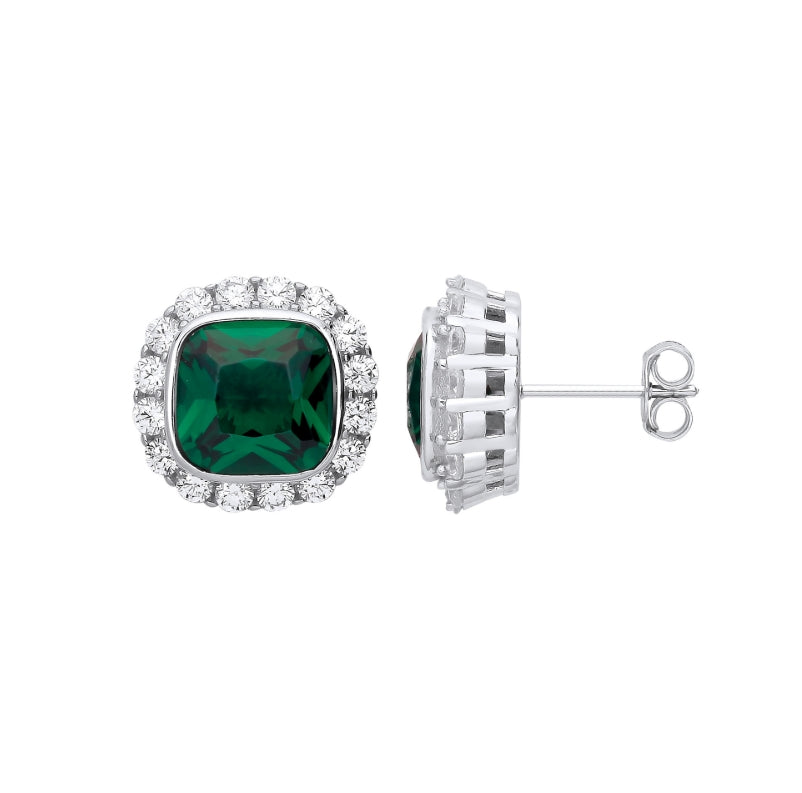 SILV GREEN SQ WHT CZ HALO STUD EARRINGS