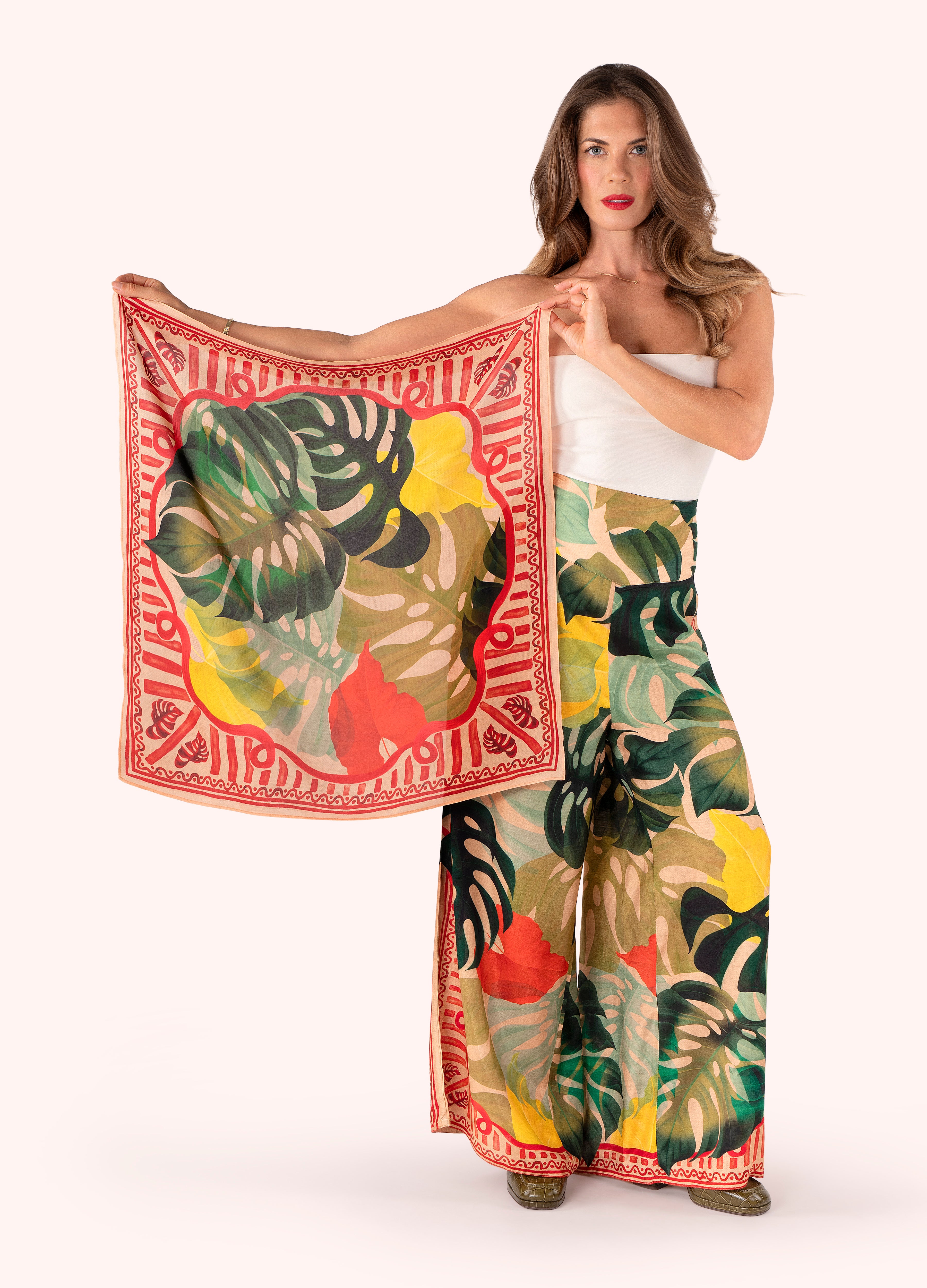 Exotic Leaves Printed Silk Square Scarf
