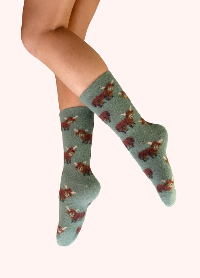 Green Highland Cow Fuzzy Socks by POWDER