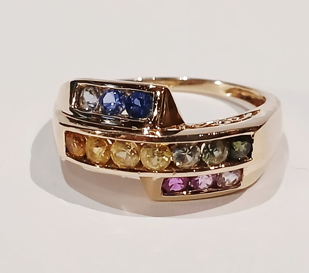 Ladies 9ct Rainbow Cz stone 3 Row Channel Set Ring