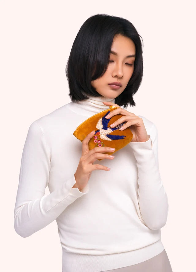 MUSTARD SWALLOW MINI VELVET POUCH