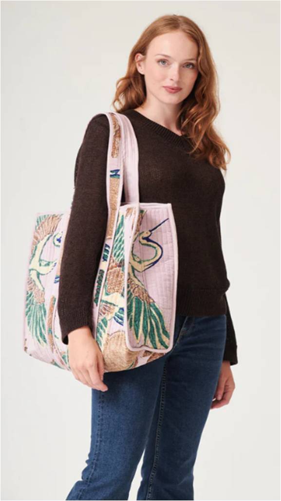 Crane design Pink Velvet Tote Bag