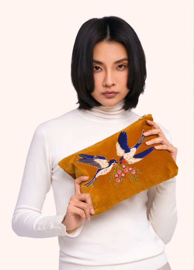 MUSTARD SWALLOW MINI VELVET ZIP POUCH