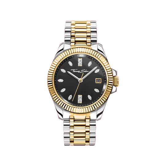 THOMAS SABO BI COLOURED WHITE STONES BLACK DIAL BRACELET WATCH