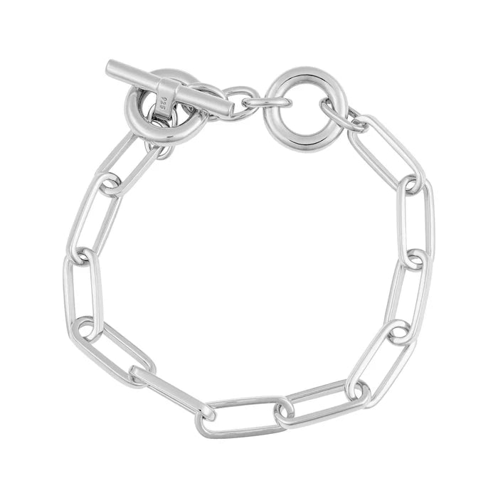 SILVER ELONGATED OPEN LINK SOLID T BAR BRACELET