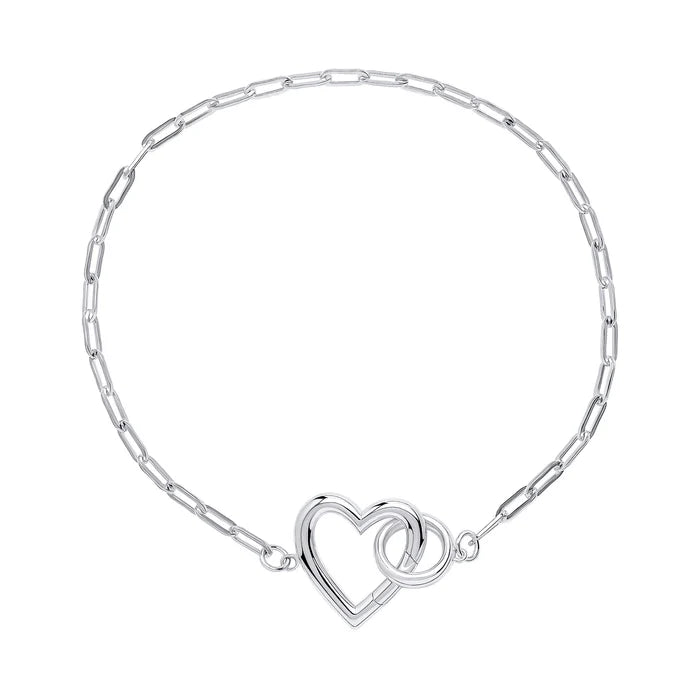 SILVER OVAL ELONG LINK WITH HEART FASTENER BRACELET