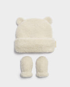 OFF WHITE BORG BABY HAT & MITTENS by KATIE LOXTON