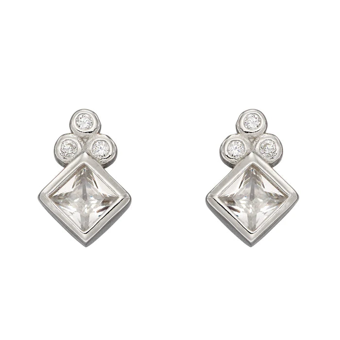 SILVER SQ & RND CZ STUD EARRING