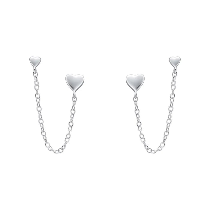SILVER DOUBLE HEART CHAIN DROP CHAIN EARRINGS