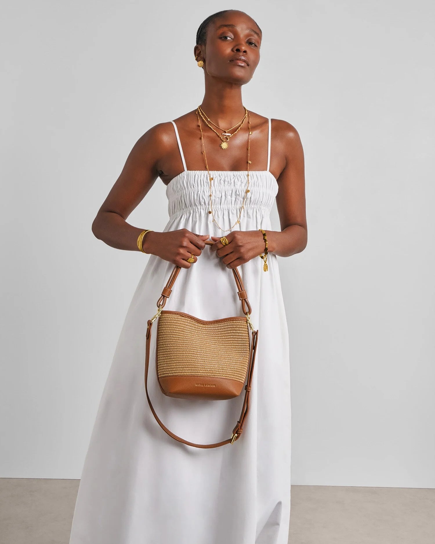 Katie Loxton Natural Raffia & Cognac Sorrento Bucket Bag - Cognac