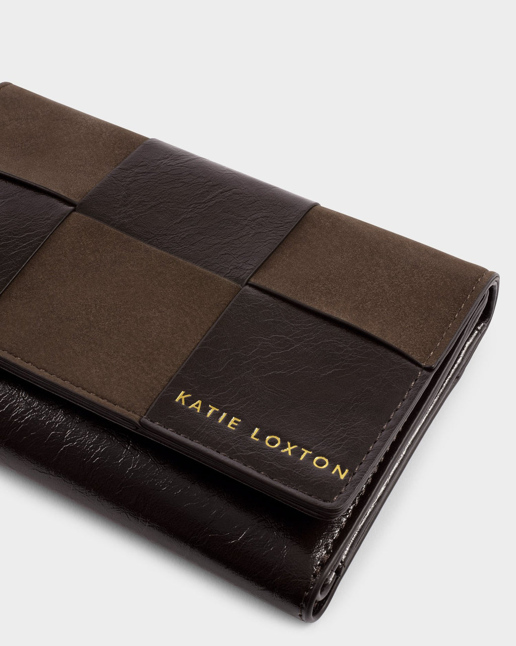 TAYA CHOCOLATE PATENT CRACKLE & SUEDETTE WOVEN LARGE PURSE by Katie Loxton